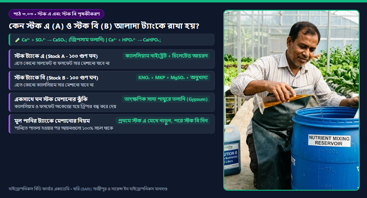 চিত্র ৩.০৩: স্টক ট্যাংক এ এবং স্টক ট্যাংক বি আলাদা রাখার রাসায়নিক কারণ ও অধঃক্ষেপণ প্রতিরোধের ডায়াগ্রাম
