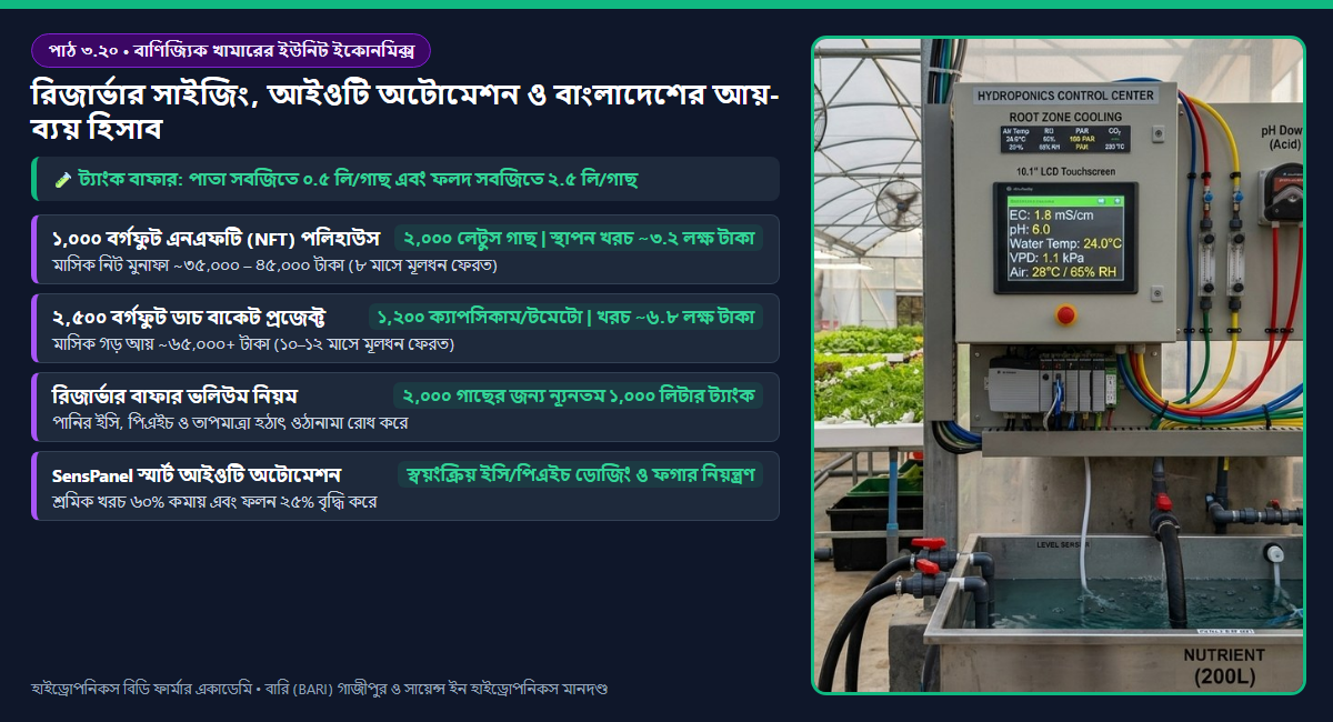 বাণিজ্যিক হাইড্রোপনিক খামারের রিজার্ভার বাফার সাইজিং, সেন্সপ্যানেল আইওটি ডোজিং অটোমেশন এবং ইউনিট ইকোনমিক্স ও আরওআই (ROI) ডায়াগ্রাম